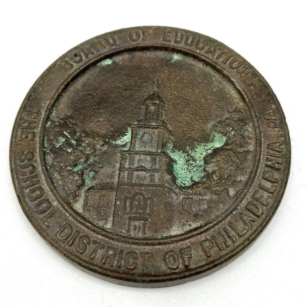 Vtg School District of Philadelphia Bronze Paperweight Round 4.25" Rare Heavy